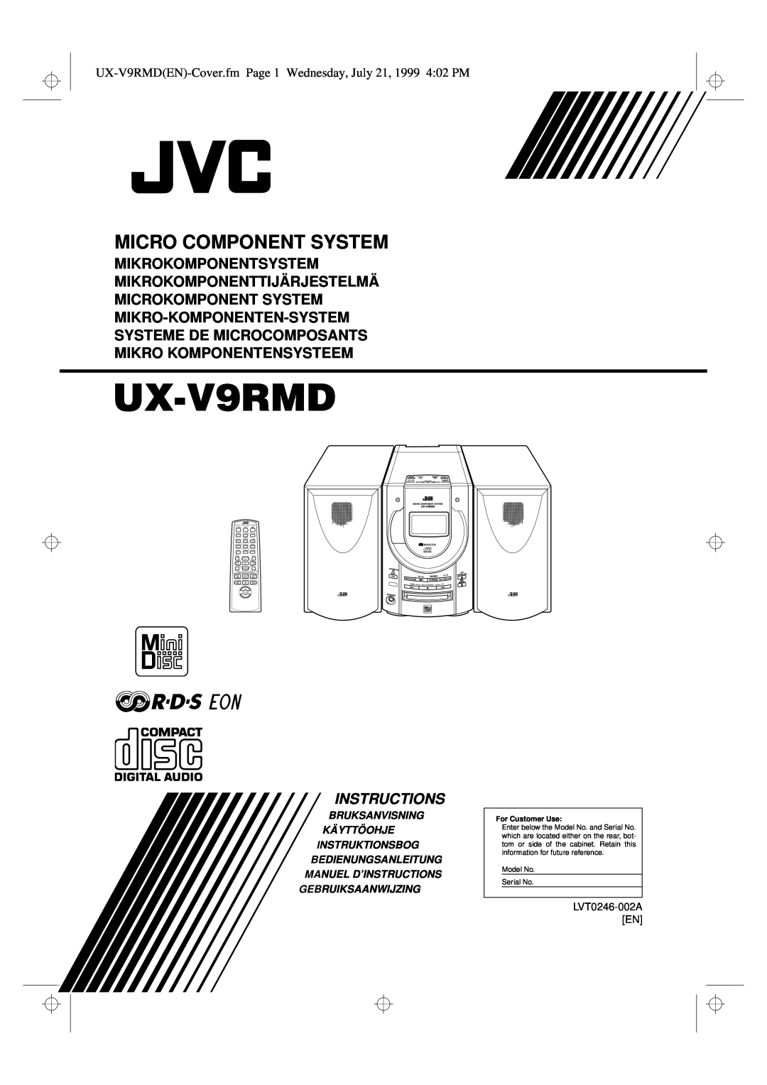 JVC UX-V9RMD manual Mikrokomponentsystem Mikrokomponenttijärjestelmä, Microkomponent System Mikro-Komponenten-System 
