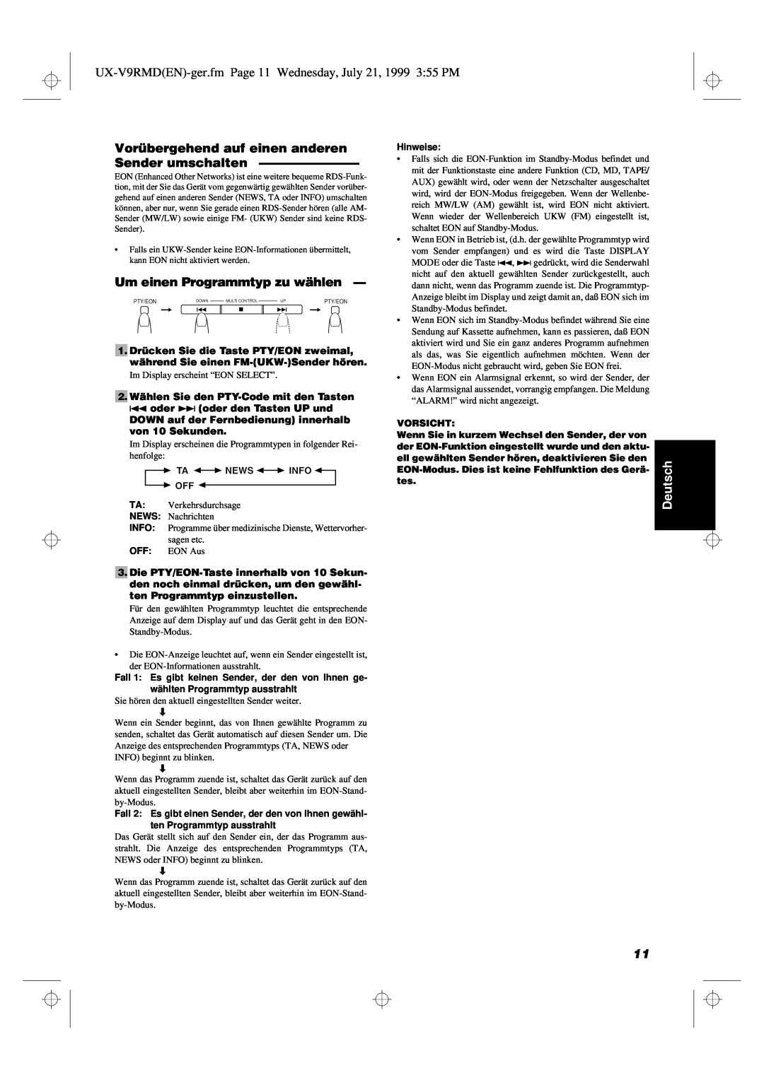 JVC UX-V9RMD manual Um einen Programmtyp zu wählen, Deutsch 