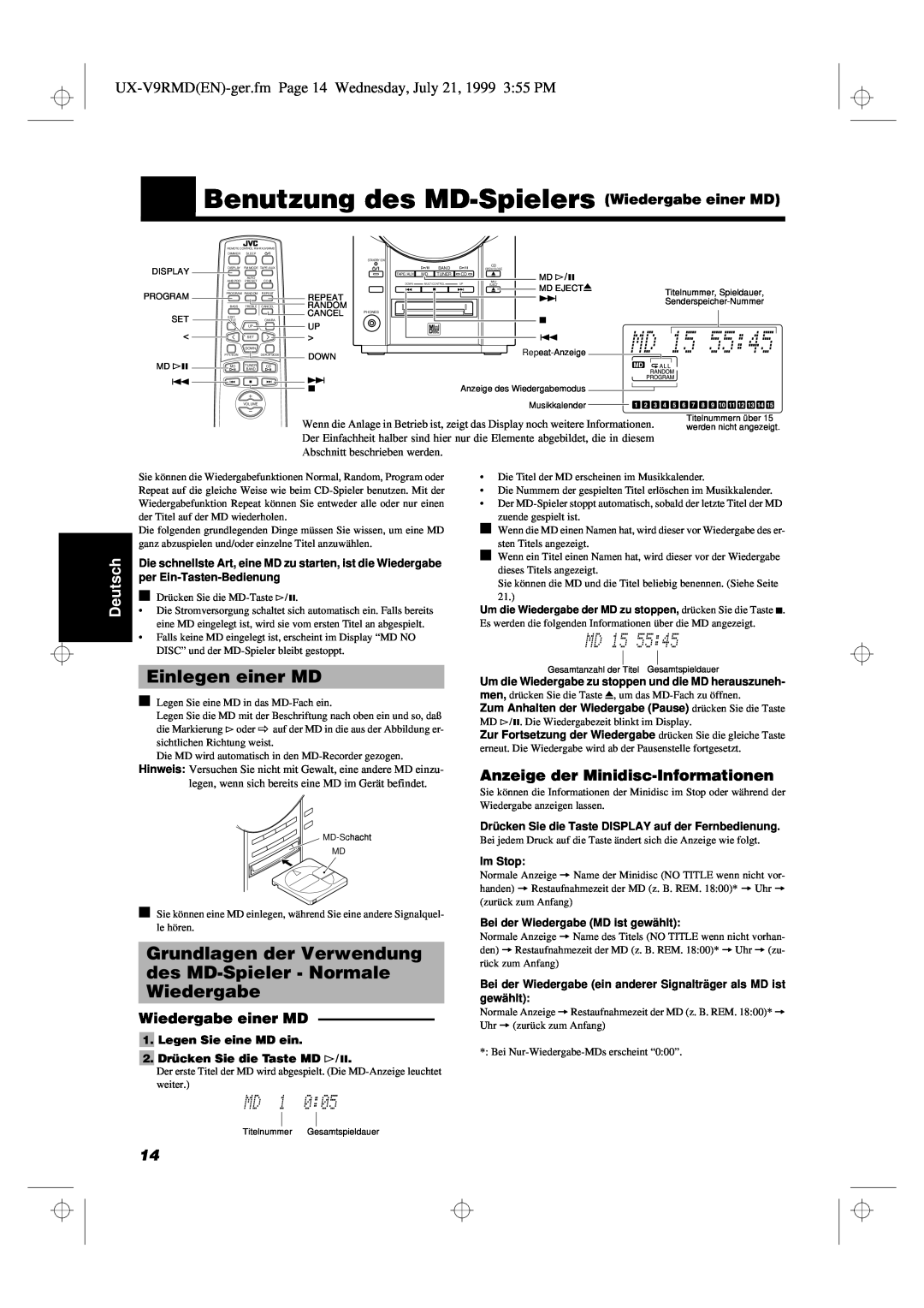 JVC UX-V9RMD Benutzung des MD-Spielers Wiedergabe einer MD, Einlegen einer MD, Anzeige der Minidisc-Informationen, Deutsch 