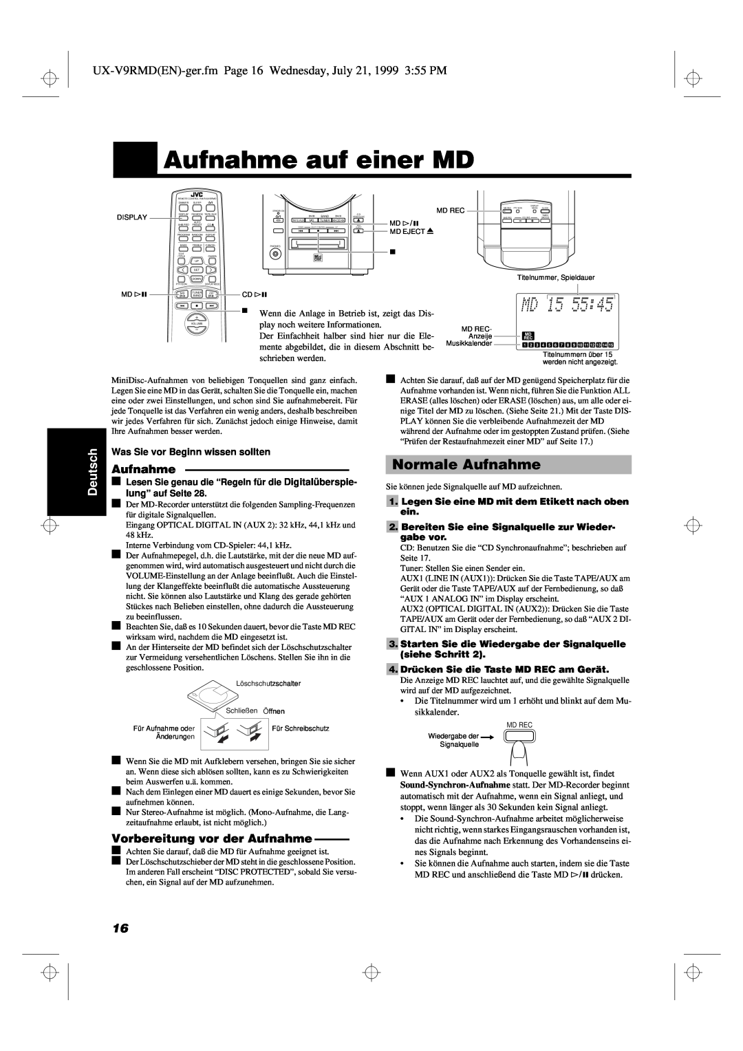 JVC UX-V9RMD manual Aufnahme auf einer MD, Normale Aufnahme, Vorbereitung vor der Aufnahme, Deutsch 