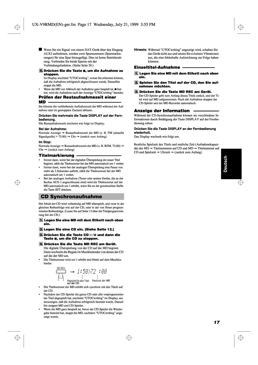 JVC UX-V9RMD manual CD Synchronaufnahme, Anzeige der Information, Titelmarkierung, Einzeltitel-Aufnahme, Deutsch 