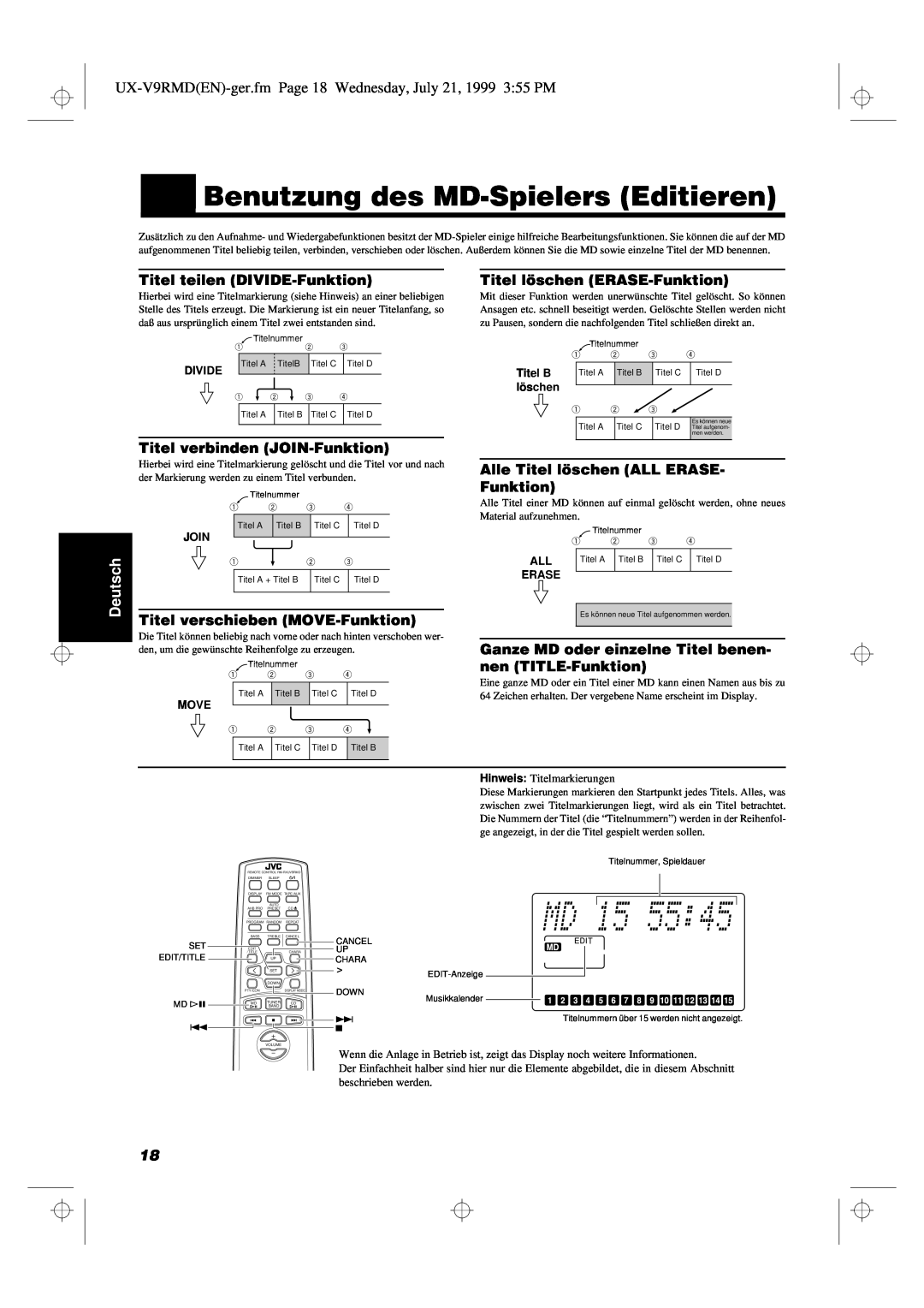 JVC UX-V9RMD manual Titel teilen DIVIDE-Funktion, Titel verbinden JOIN-Funktion, Titel verschieben MOVE-Funktion, Deutsch 