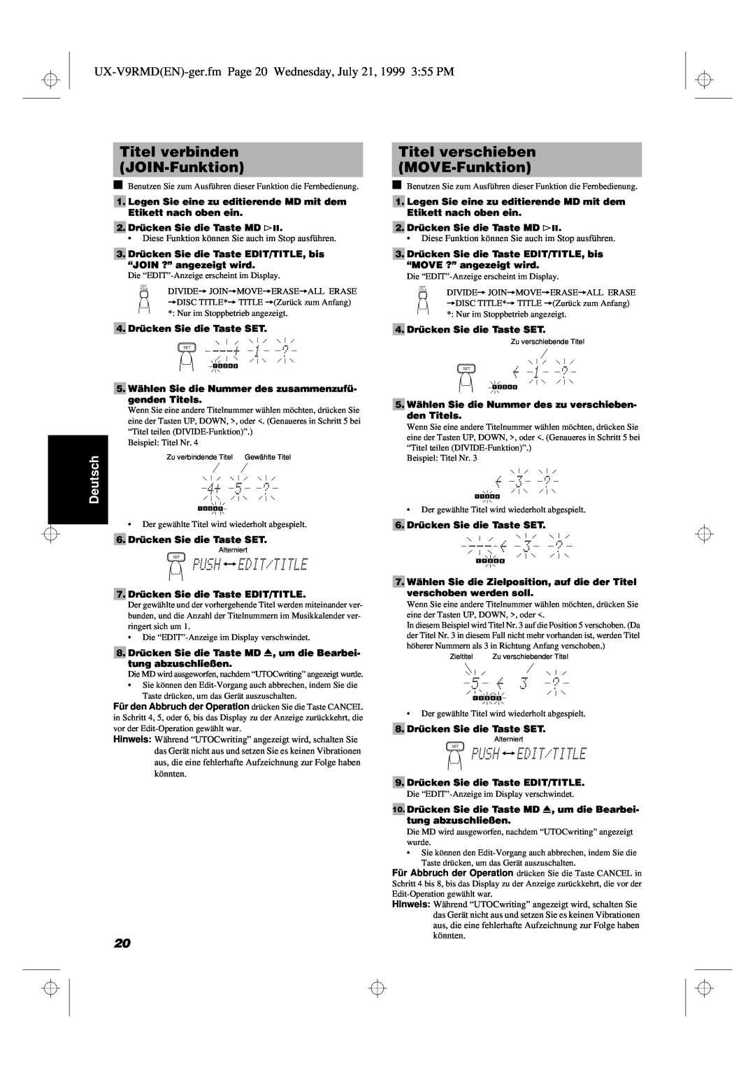 JVC UX-V9RMD manual Titel verbinden JOIN-Funktion, Titel verschieben MOVE-Funktion, Deutsch 