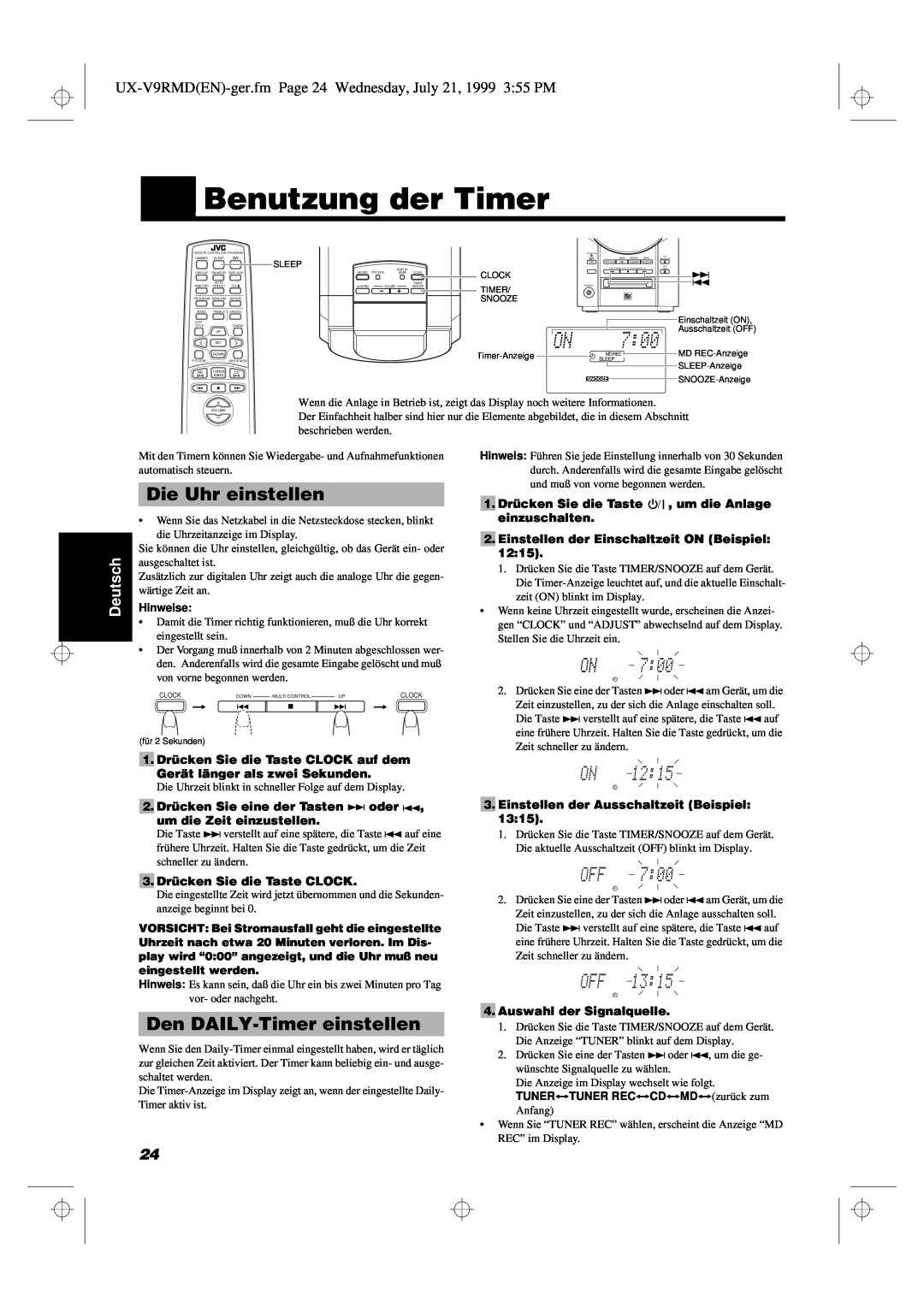 JVC UX-V9RMD manual Benutzung der Timer, Die Uhr einstellen, Den DAILY-Timereinstellen, Deutsch 