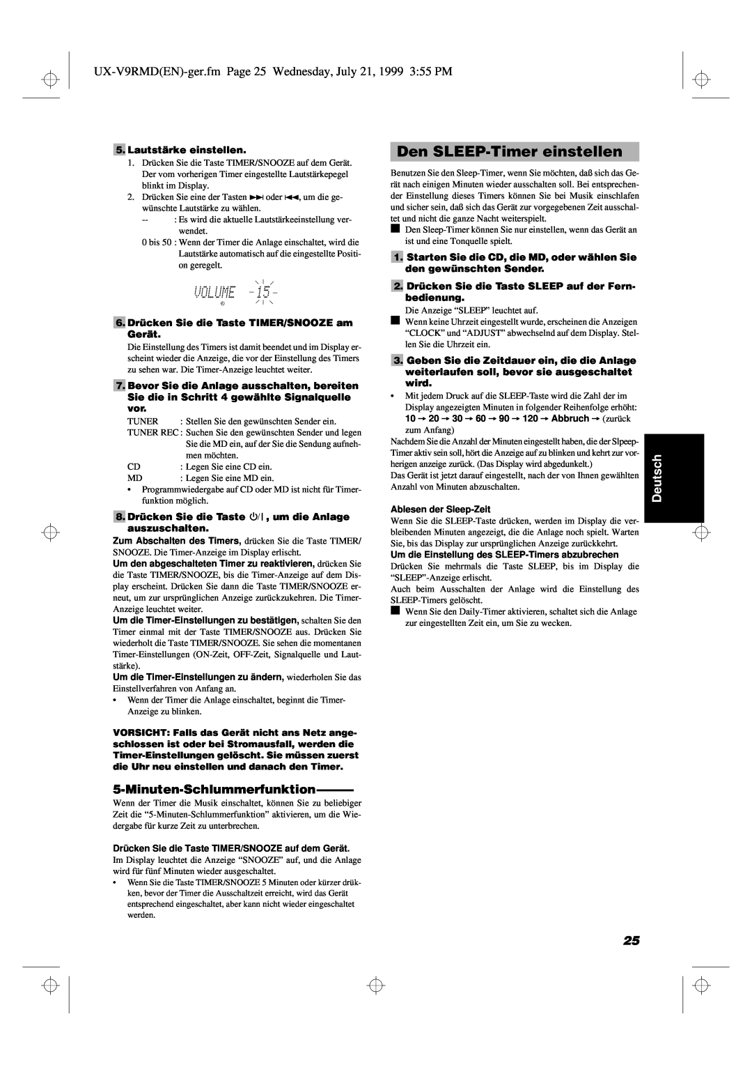 JVC UX-V9RMD manual Den SLEEP-Timereinstellen, Minuten-Schlummerfunktion, Deutsch 