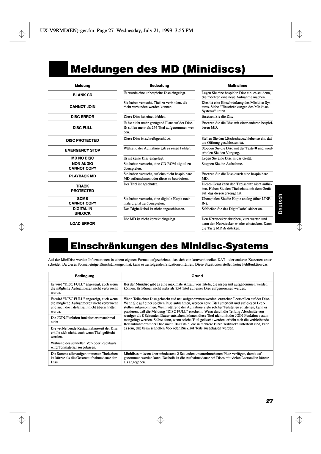 JVC UX-V9RMD Meldungen des MD Minidiscs, Einschränkungen des Minidisc-Systems, Deutsch, Bedeutung, Maßnahme, Bedingung 