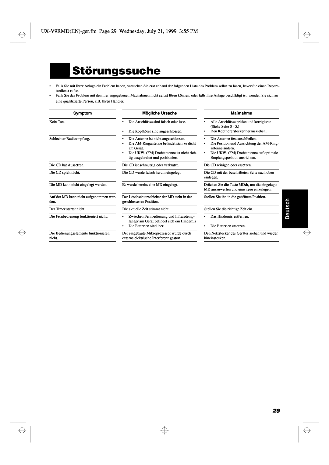 JVC UX-V9RMD manual Störungssuche, Deutsch, Symptom, Mögliche Ursache, Maßnahme 