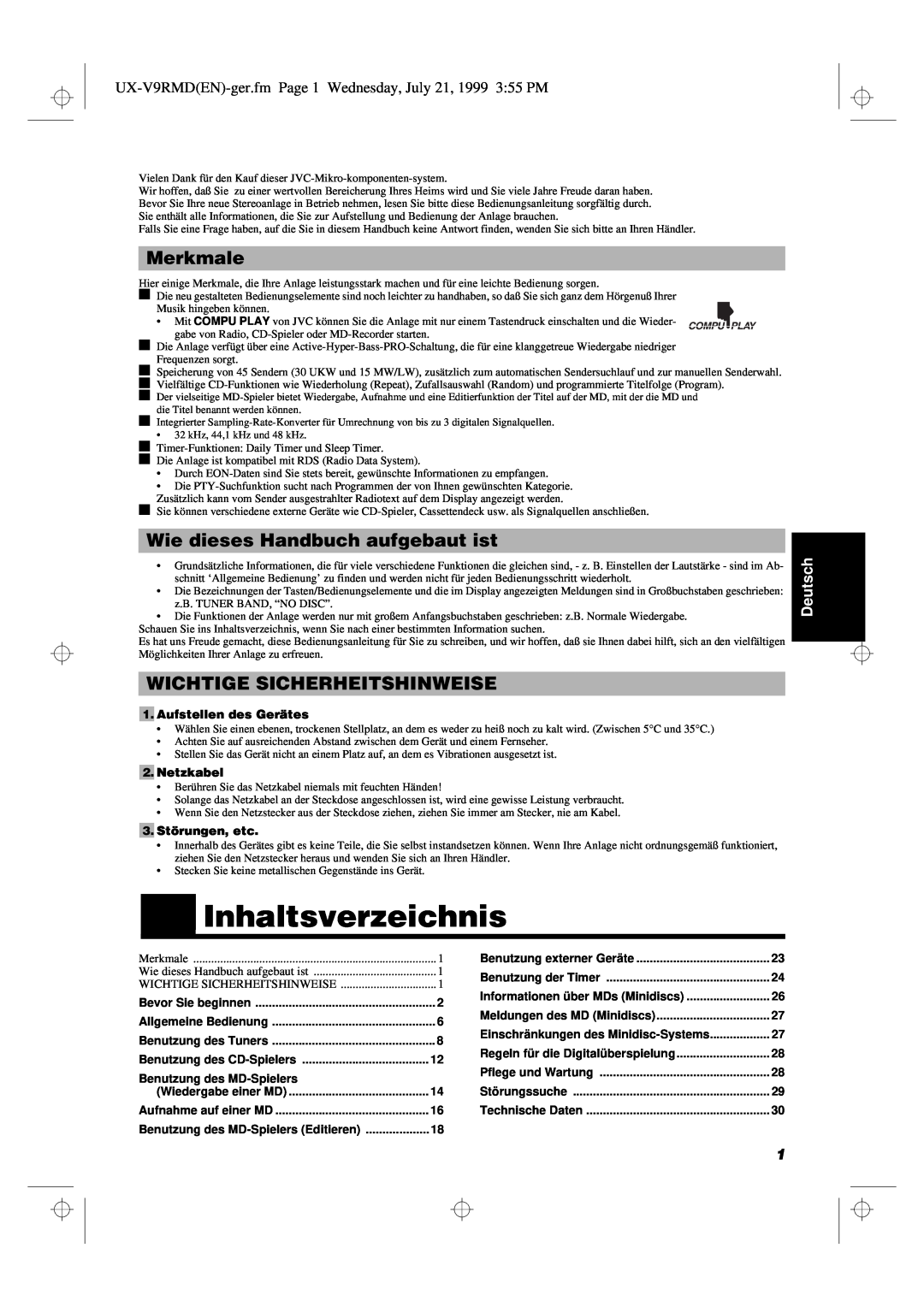 JVC UX-V9RMD manual Inhaltsverzeichnis, Merkmale, Wie dieses Handbuch aufgebaut ist, Wichtige Sicherheitshinweise, Deutsch 
