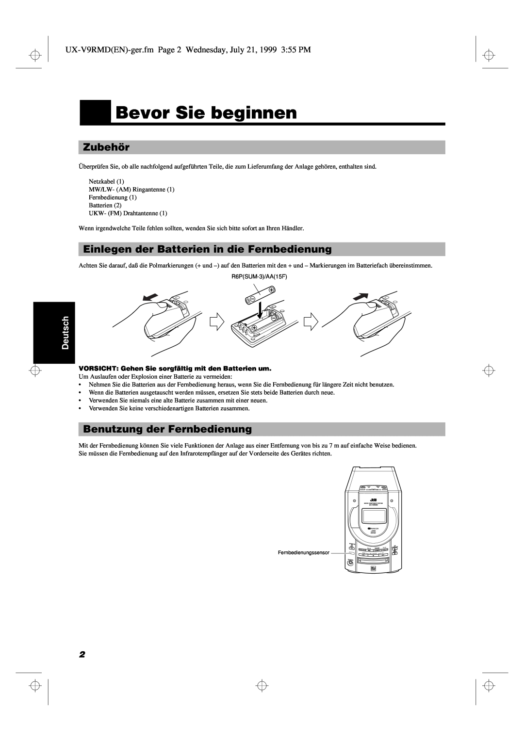 JVC UX-V9RMD manual Bevor Sie beginnen, Zubehör, Einlegen der Batterien in die Fernbedienung, Benutzung der Fernbedienung 