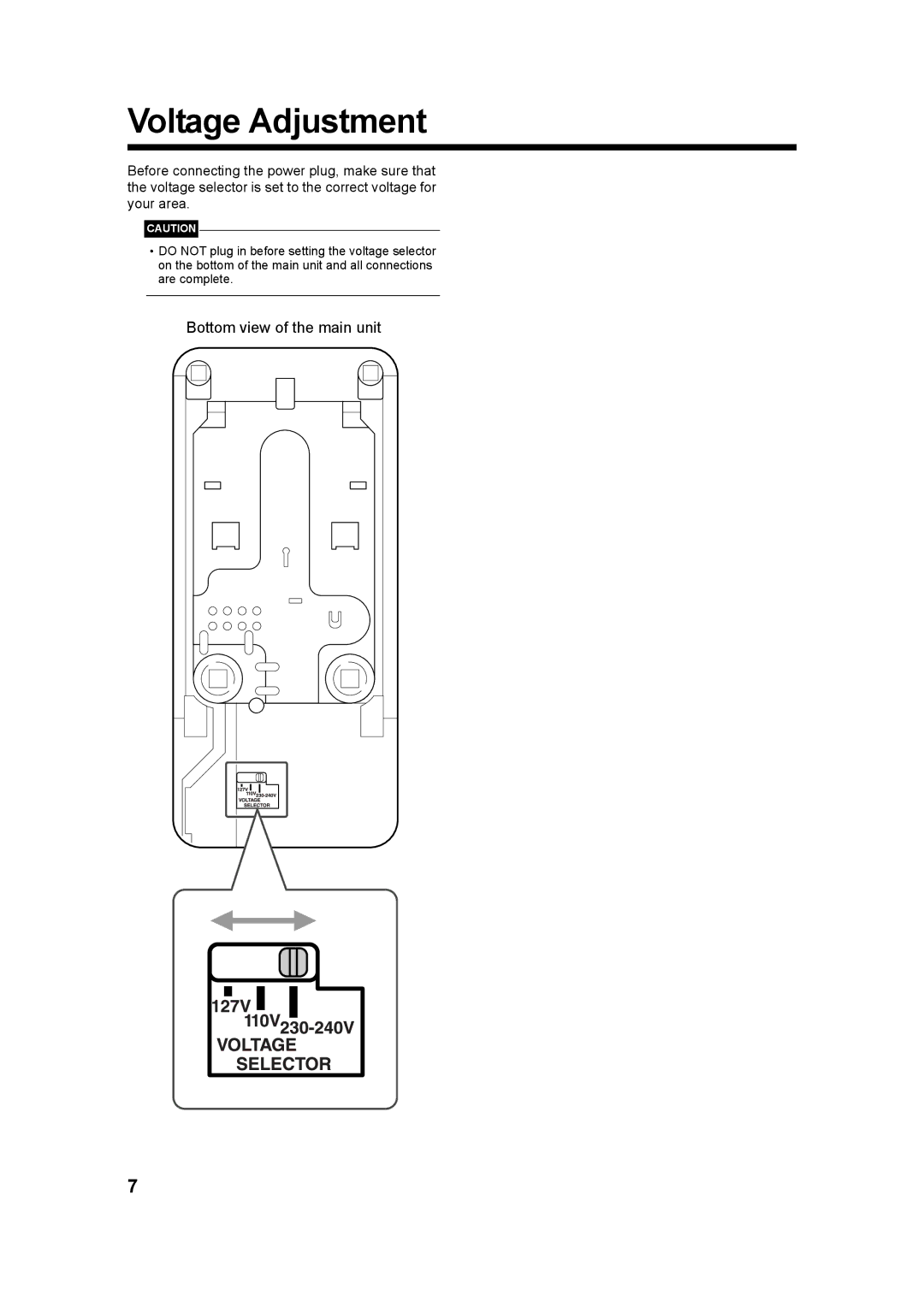 JVC UXQD90S manual Voltage Adjustment, Bottom view of the main unit 