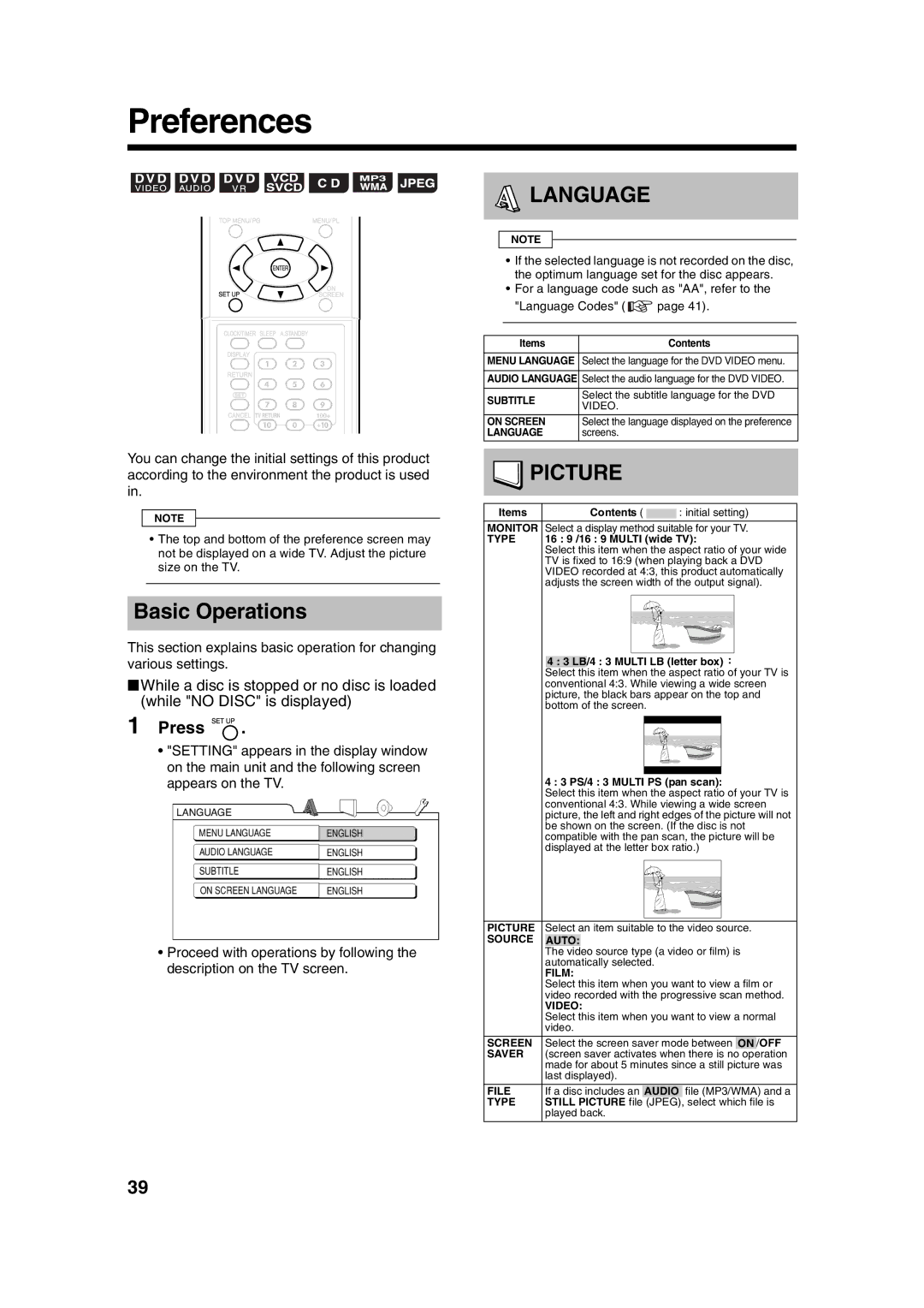 JVC UXQD90S manual Preferences, Basic Operations 