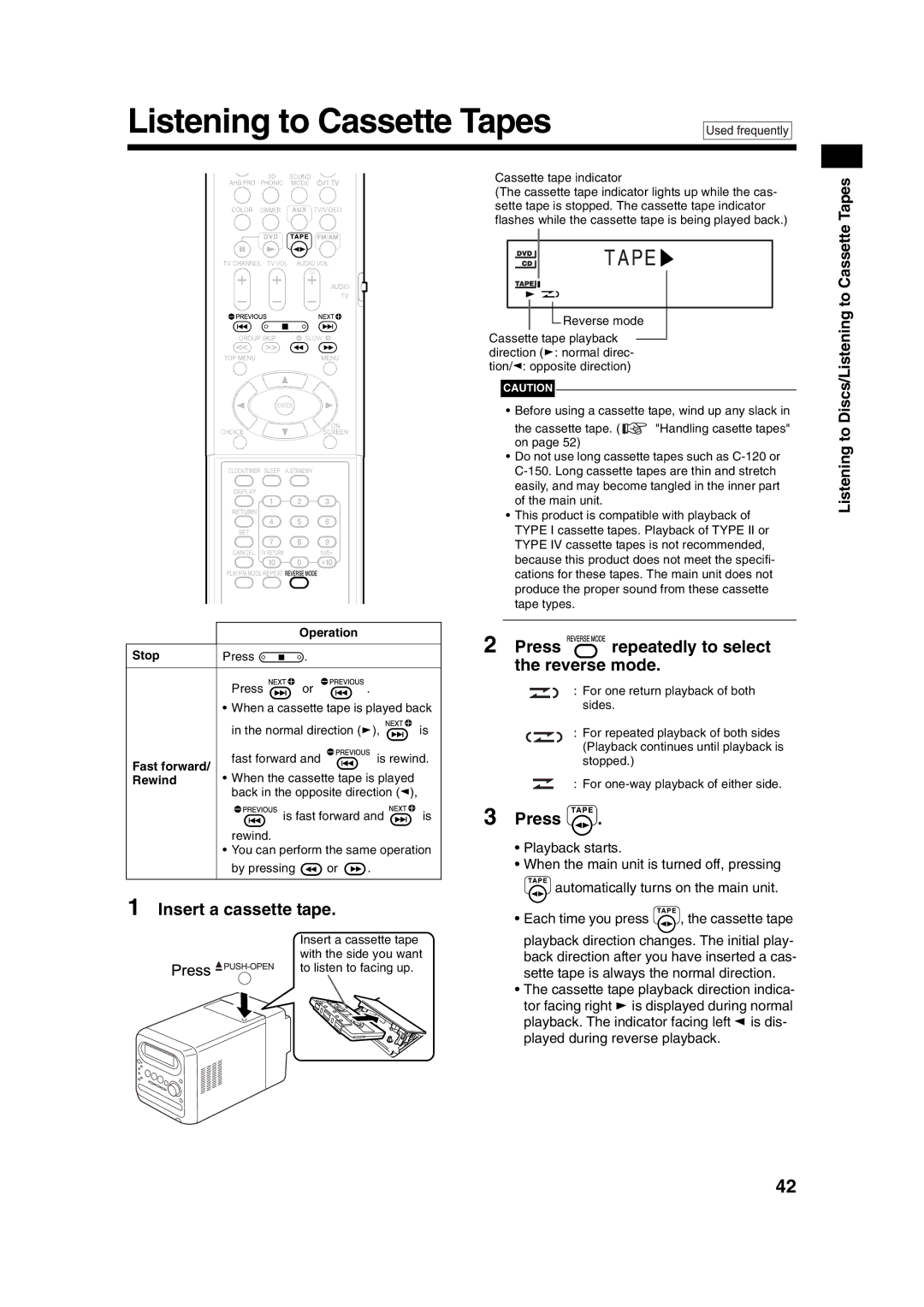 JVC UXQD90S manual Listening to Cassette Tapes, Insert a cassette tape, Press repeatedly to select the reverse mode 