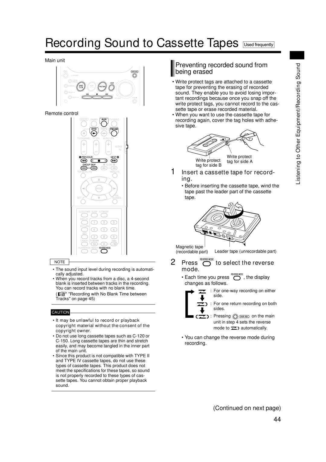 JVC UXQD90S manual Recording Sound to Cassette Tapes, Preventing recorded sound from being erased 