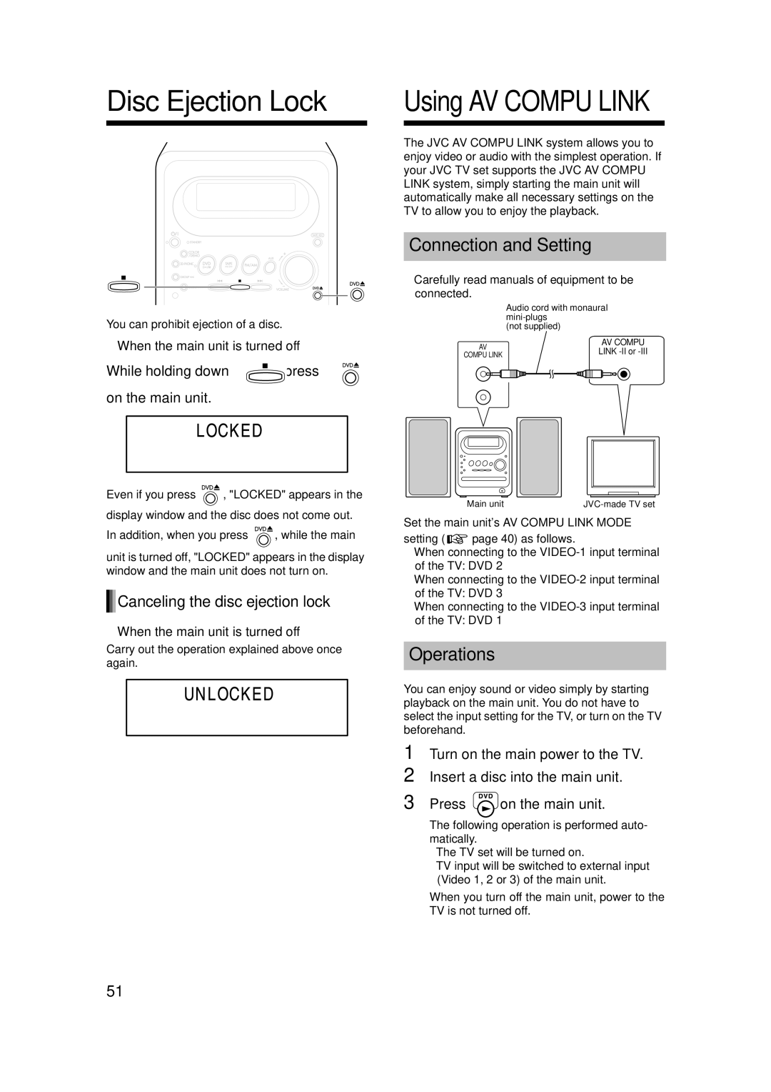 JVC UXQD90S manual Disc Ejection Lock, Connection and Setting, Operations, Canceling the disc ejection lock 