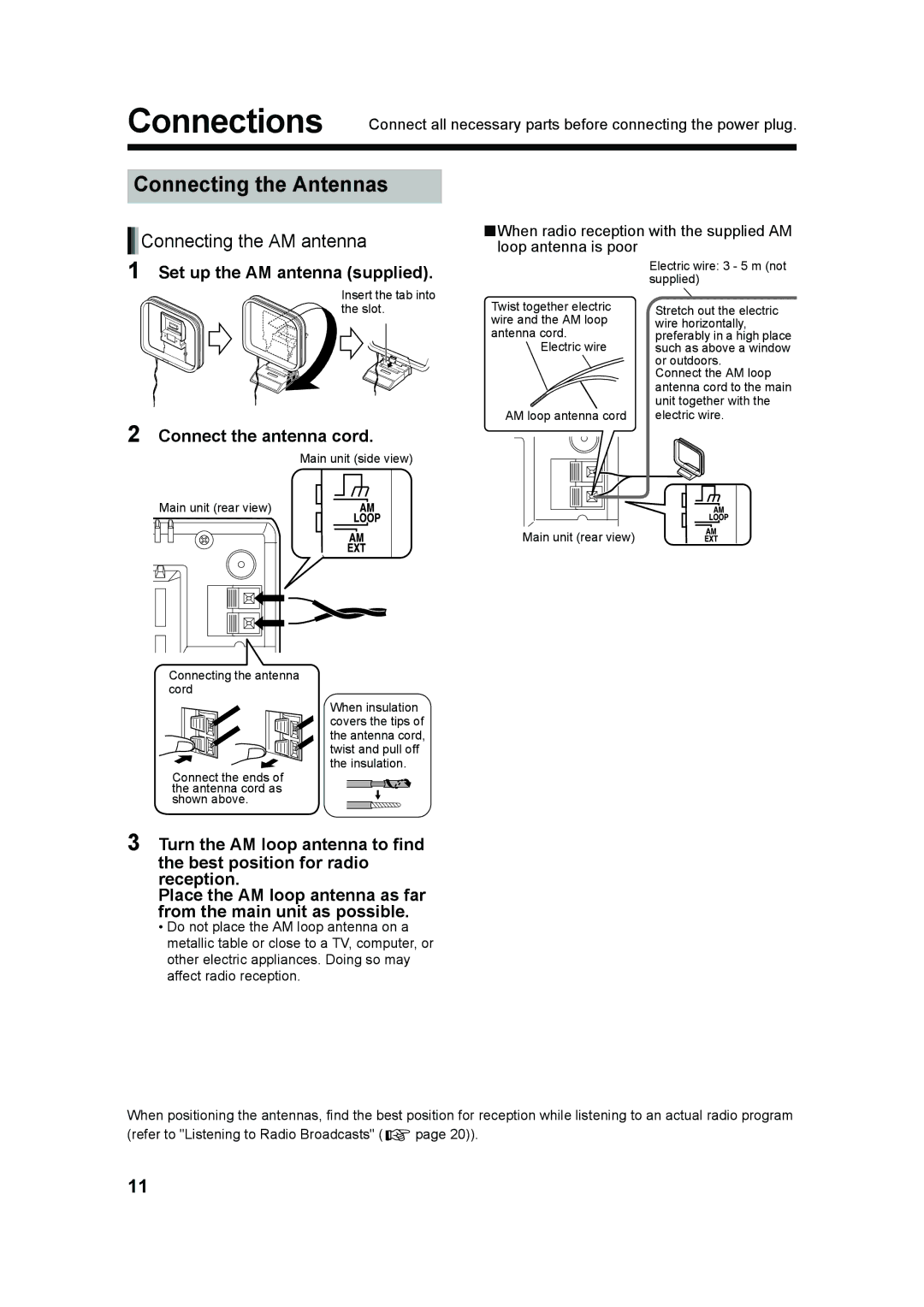 JVC UXQD90S manual Connections, Connecting the Antennas, Connecting the AM antenna, Set up the AM antenna supplied 