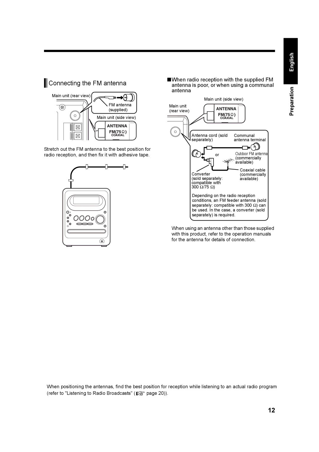 JVC UXQD90S manual Connecting the FM antenna, Preparation 