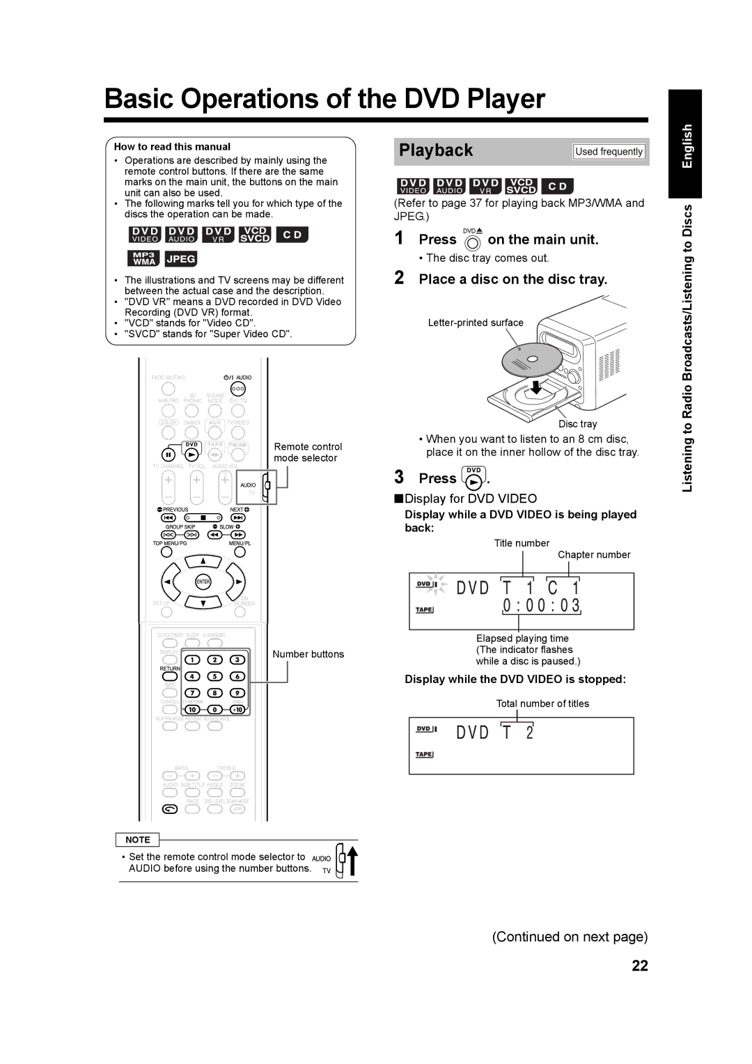 JVC UXQD90S manual Basic Operations of the DVD Player, Playback, Press on the main unit, Place a disc on the disc tray 