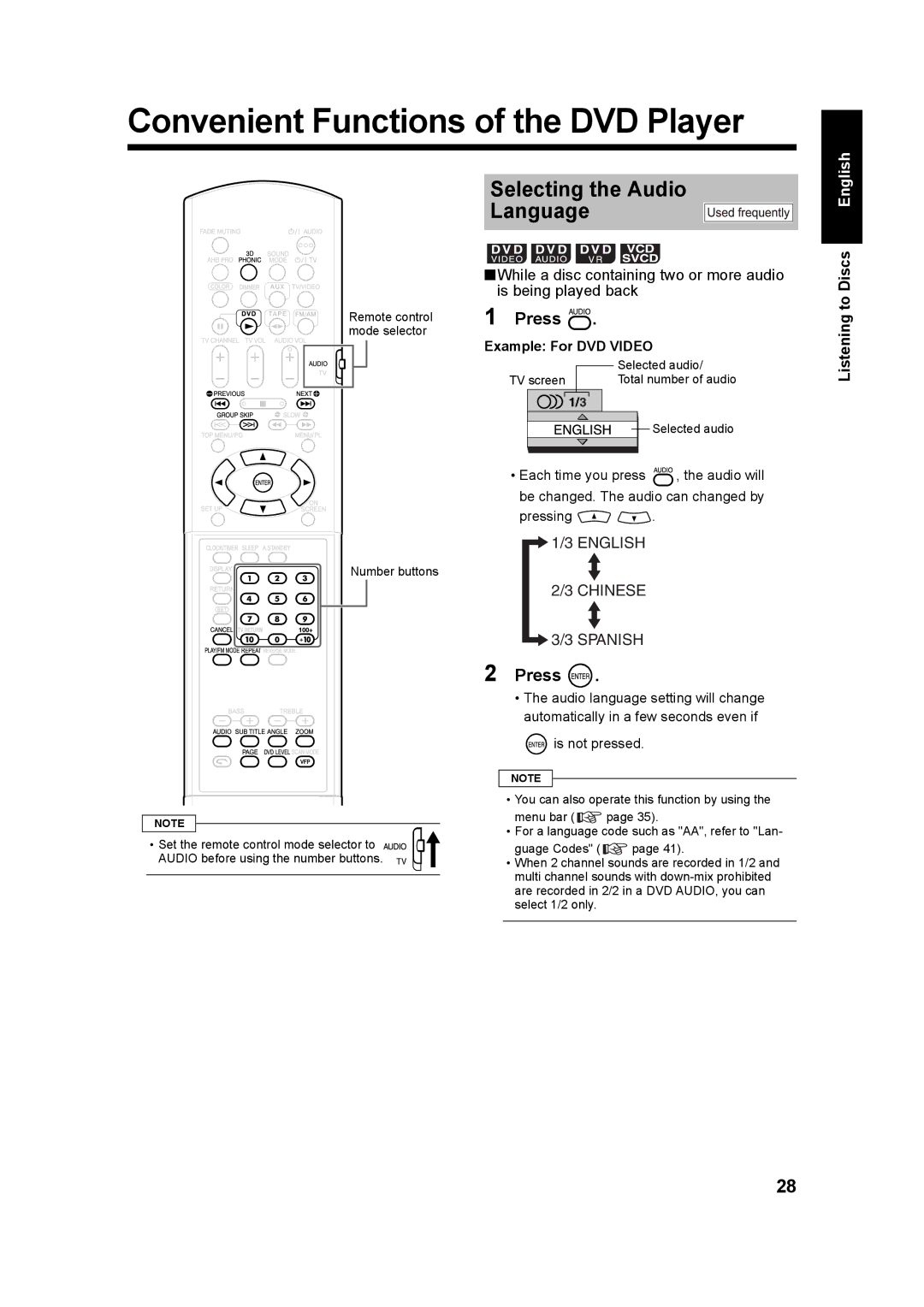 JVC UXQD90S Convenient Functions of the DVD Player, Selecting the Audio Language, Example For DVD Video, Is not pressed 