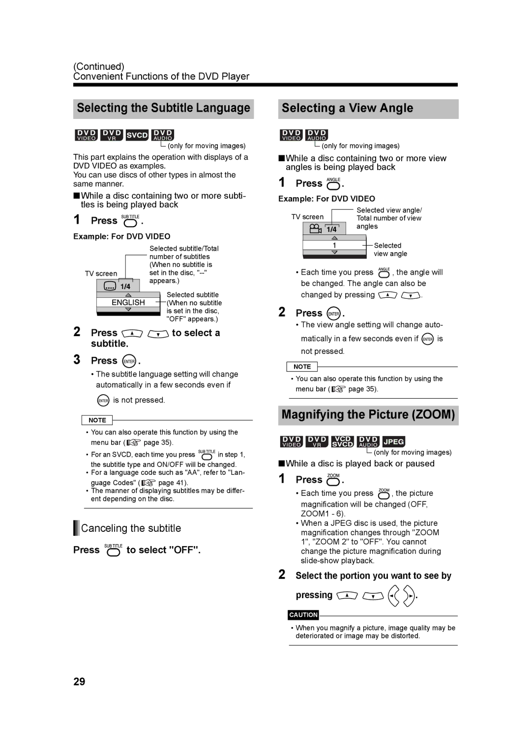 JVC UXQD90S Selecting the Subtitle Language, Selecting a View Angle, Magnifying the Picture Zoom, Canceling the subtitle 