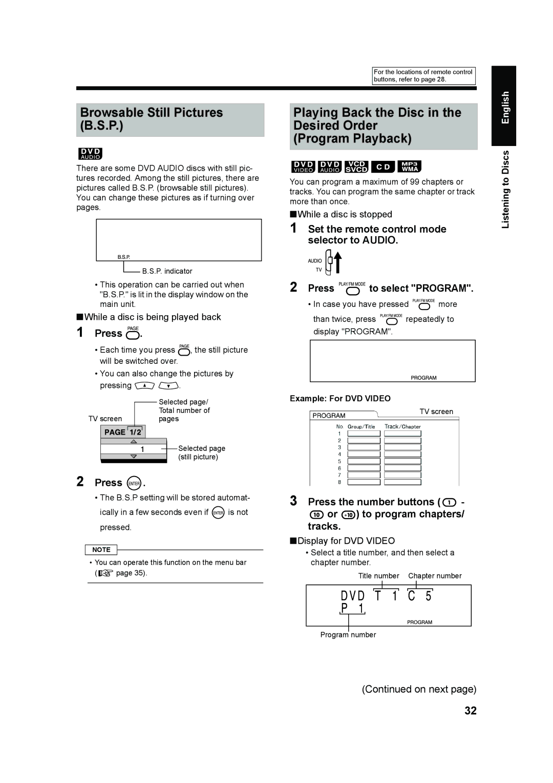 JVC UXQD90S manual Browsable Still Pictures B.S.P, Playing Back the Disc Desired Order Program Playback 