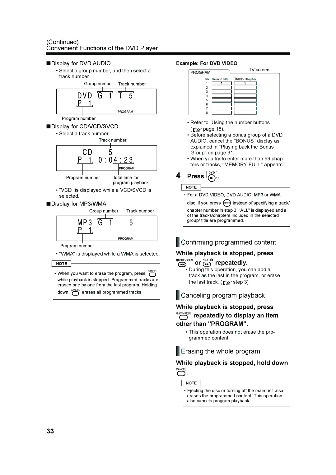 JVC UXQD90S manual Confirming programmed content, Canceling program playback, Erasing the whole program 