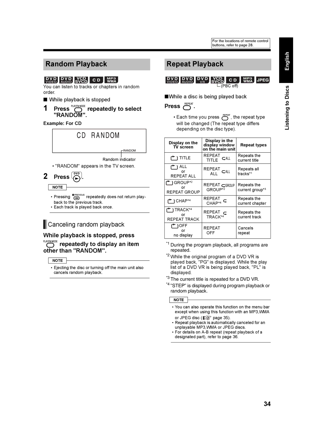 JVC UXQD90S Random Playback, Repeat Playback, Canceling random playback, Press repeatedly to select Random, Example For CD 