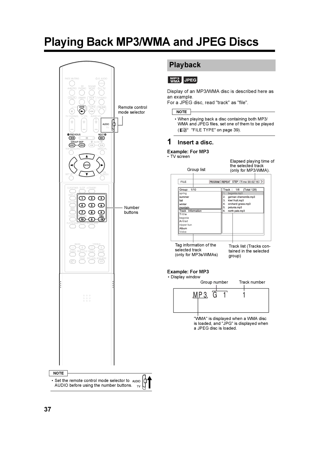 JVC UXQD90S manual Playing Back MP3/WMA and Jpeg Discs, Insert a disc, Example For MP3 