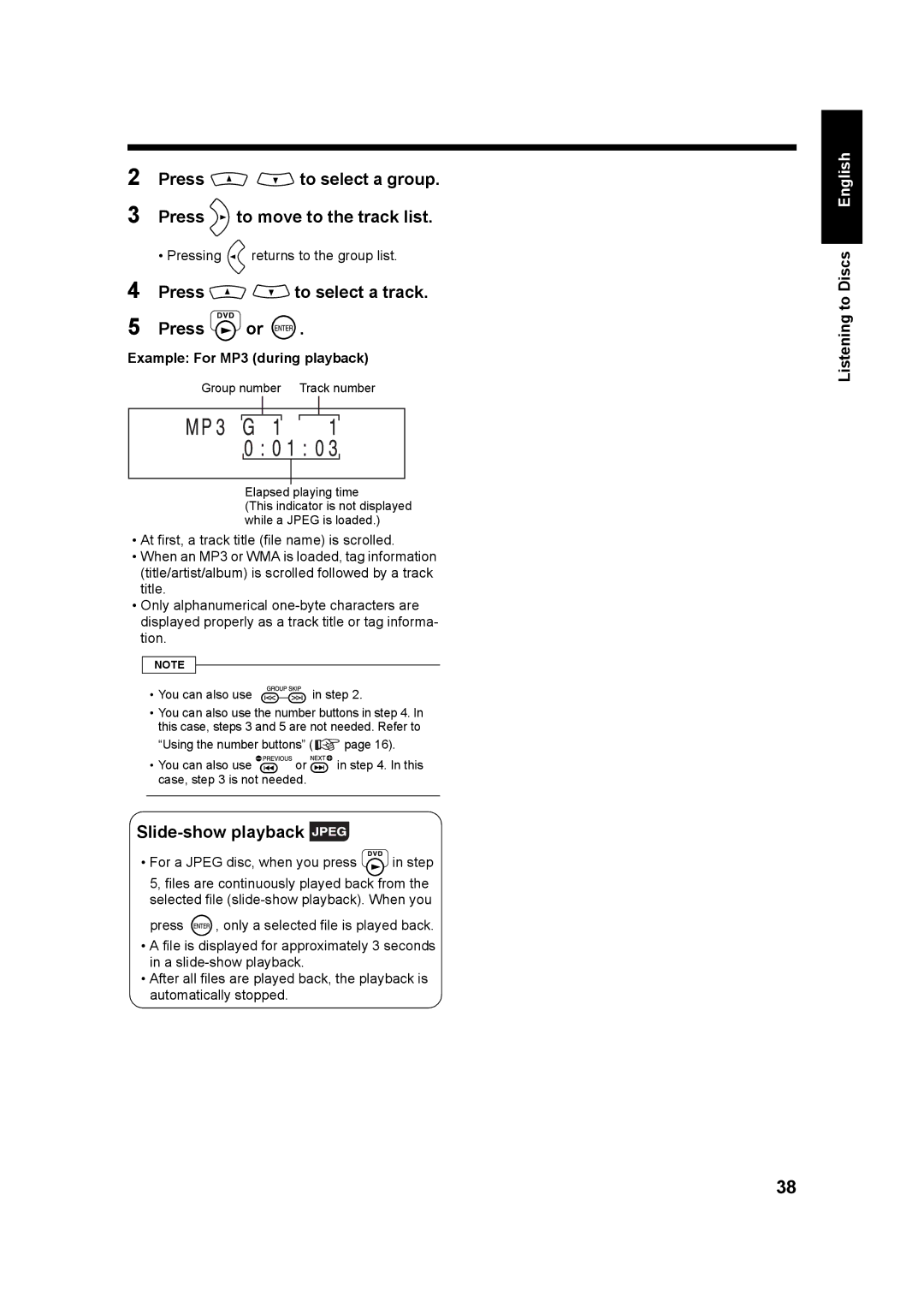 JVC UXQD90S Press to select a group Press to move to the track list, Slide-show playback, Example For MP3 during playback 