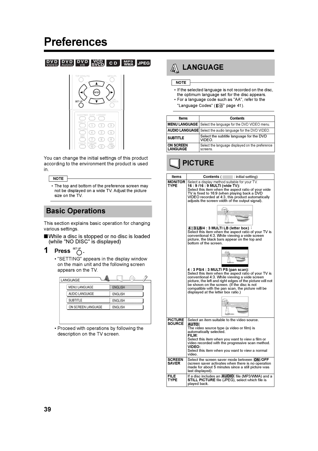 JVC UXQD90S manual Preferences, Basic Operations 