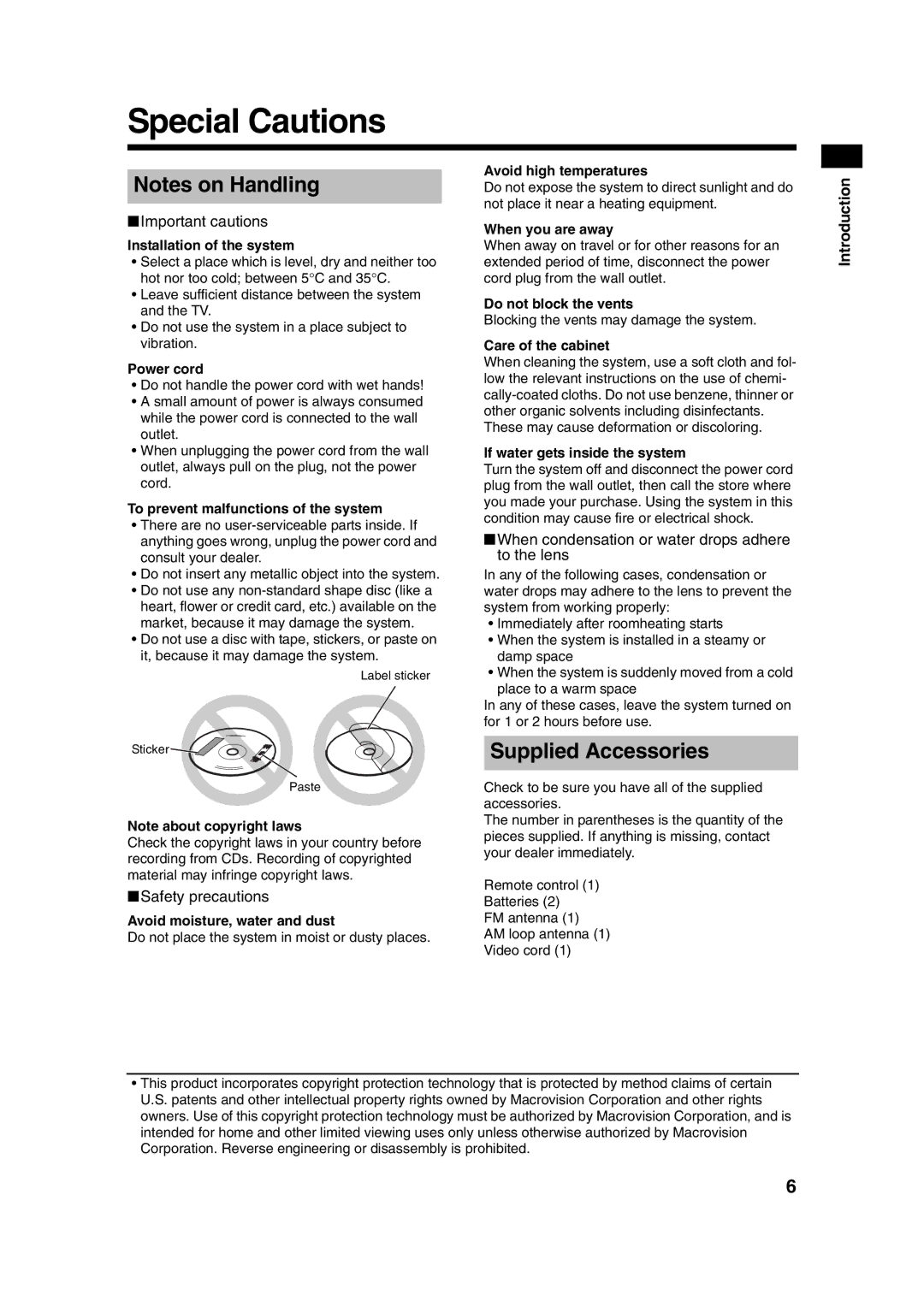 JVC UXQD90S manual Special Cautions, Supplied Accessories 