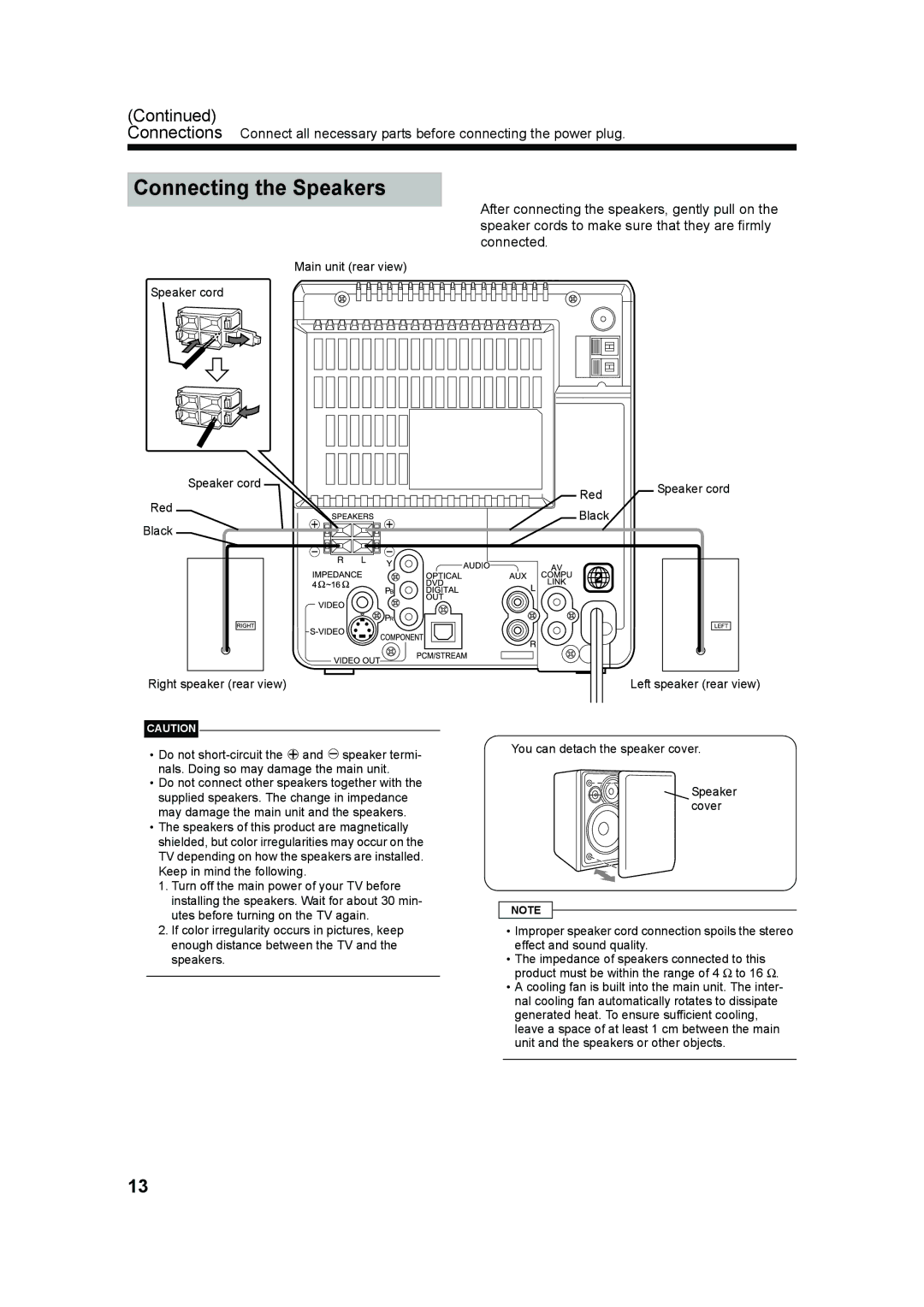 JVC UXQD90S manual Connecting the Speakers 