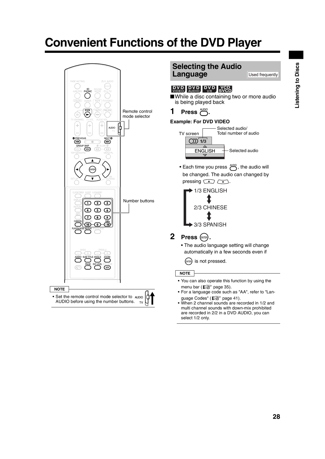 JVC UXQD90S Convenient Functions of the DVD Player, Selecting the Audio Language, Example For DVD Video, Is not pressed 