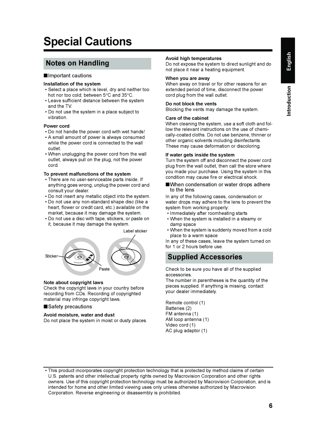 JVC UXQD90S manual Special Cautions, Supplied Accessories 