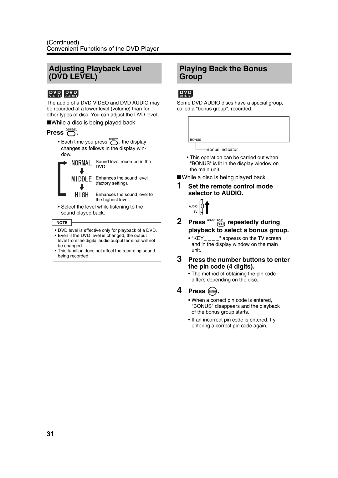 JVC UXQD90S manual Adjusting Playback Level Playing Back the Bonus, Group 