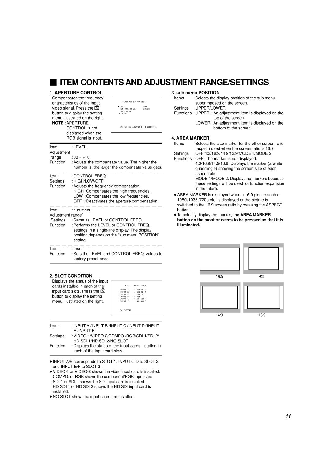 JVC V1700CG manual  Item Contents and Adjustment RANGE/SETTINGS 