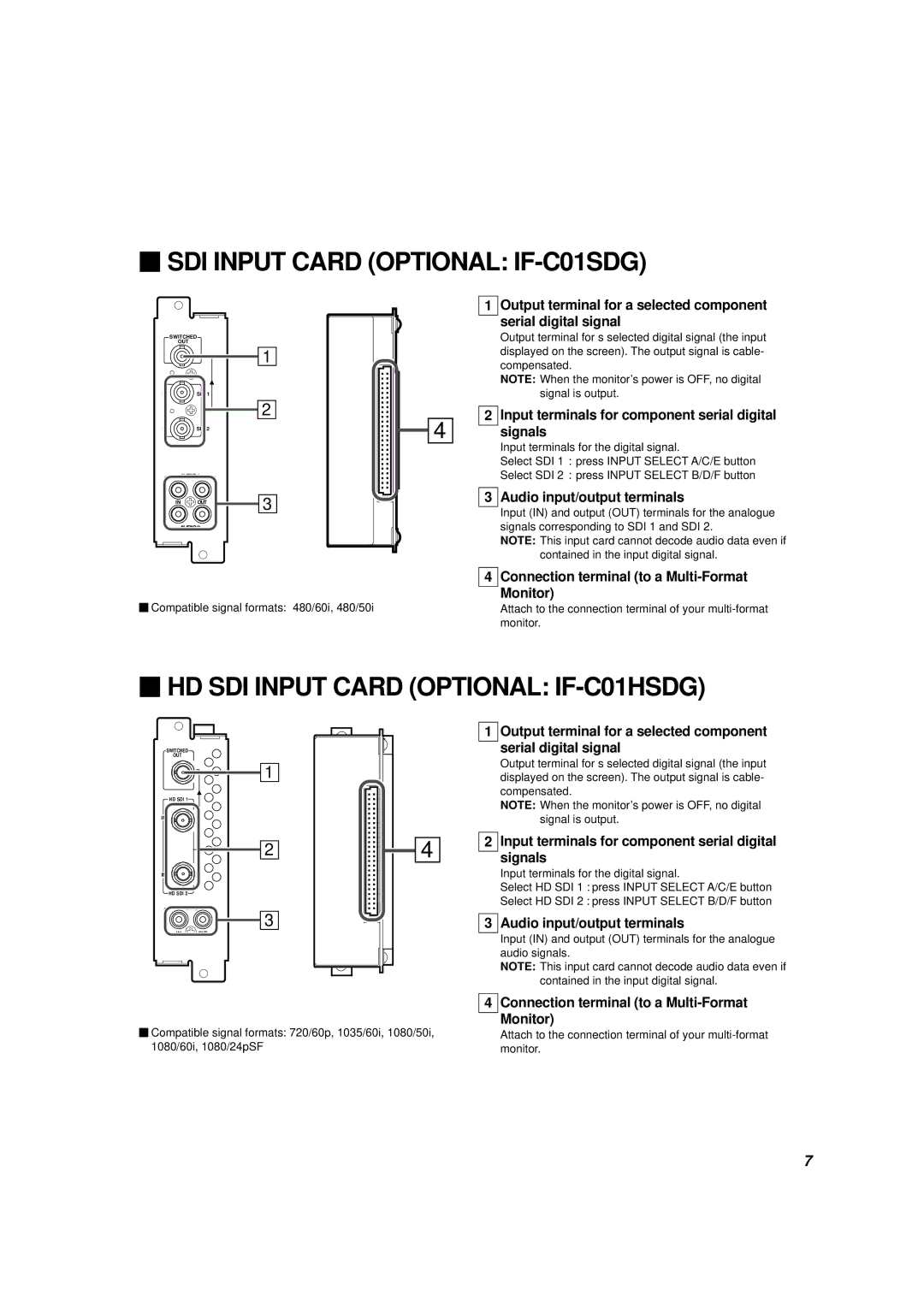 JVC V1700CG manual  SDI Input Card Optional IF-C01SDG,  HD SDI Input Card Optional IF-C01HSDG, Monitor 