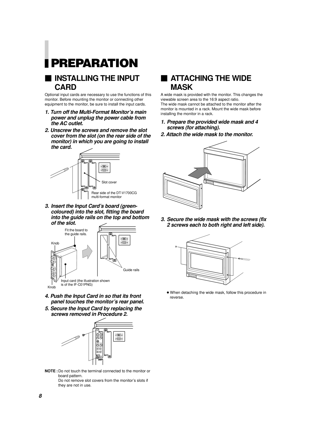 JVC V1700CG manual Preparation,  Installing the Input Card,  Attaching the Wide Mask 