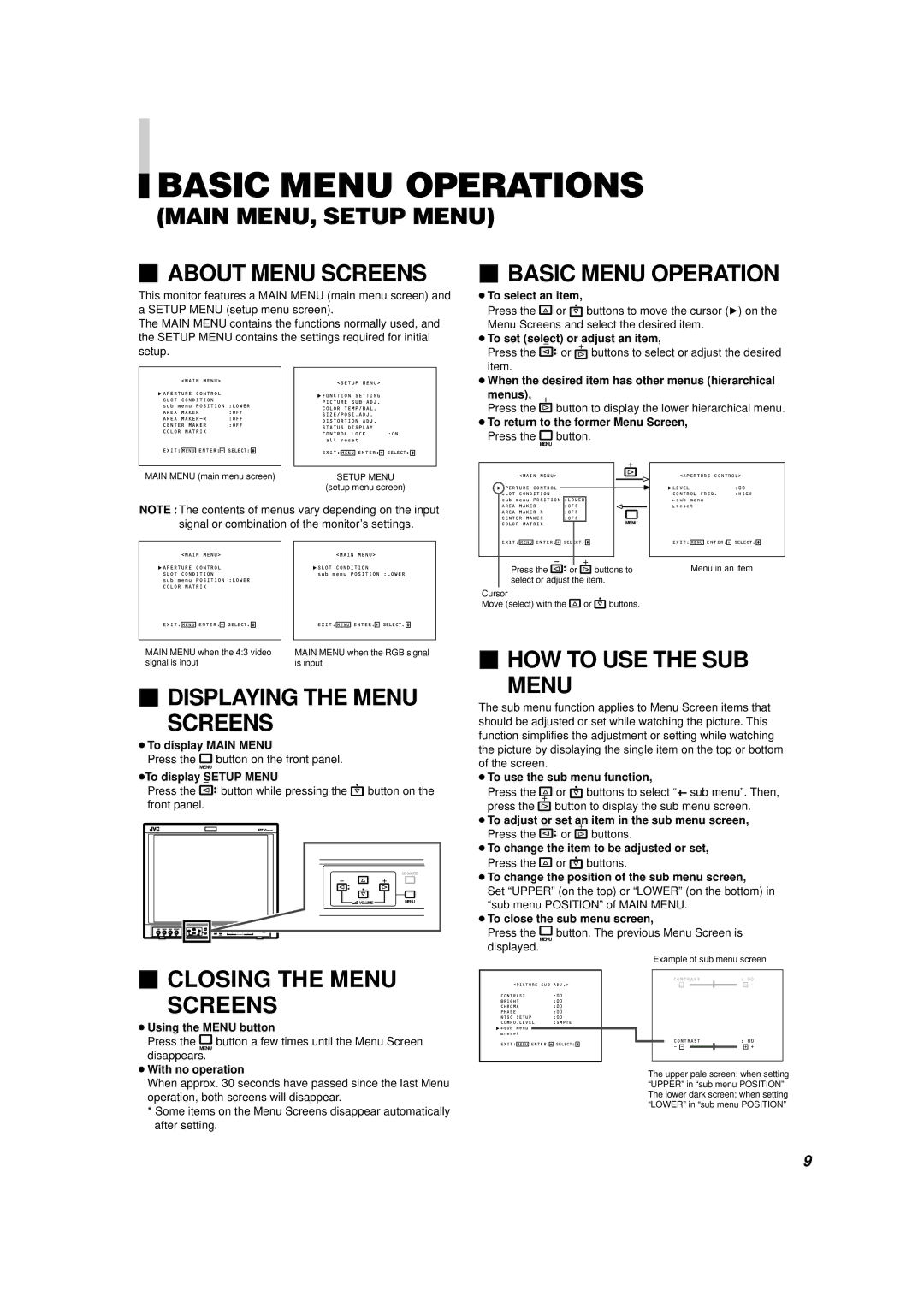 JVC V1700CG manual Basic Menu Operations 