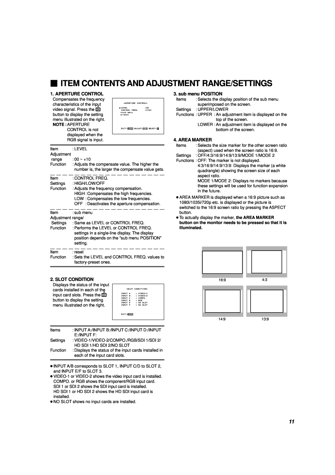 JVC V1700CG manual  Item Contents And Adjustment Range/Settings, Aperture Control, sub menu POSITION, Area Marker 