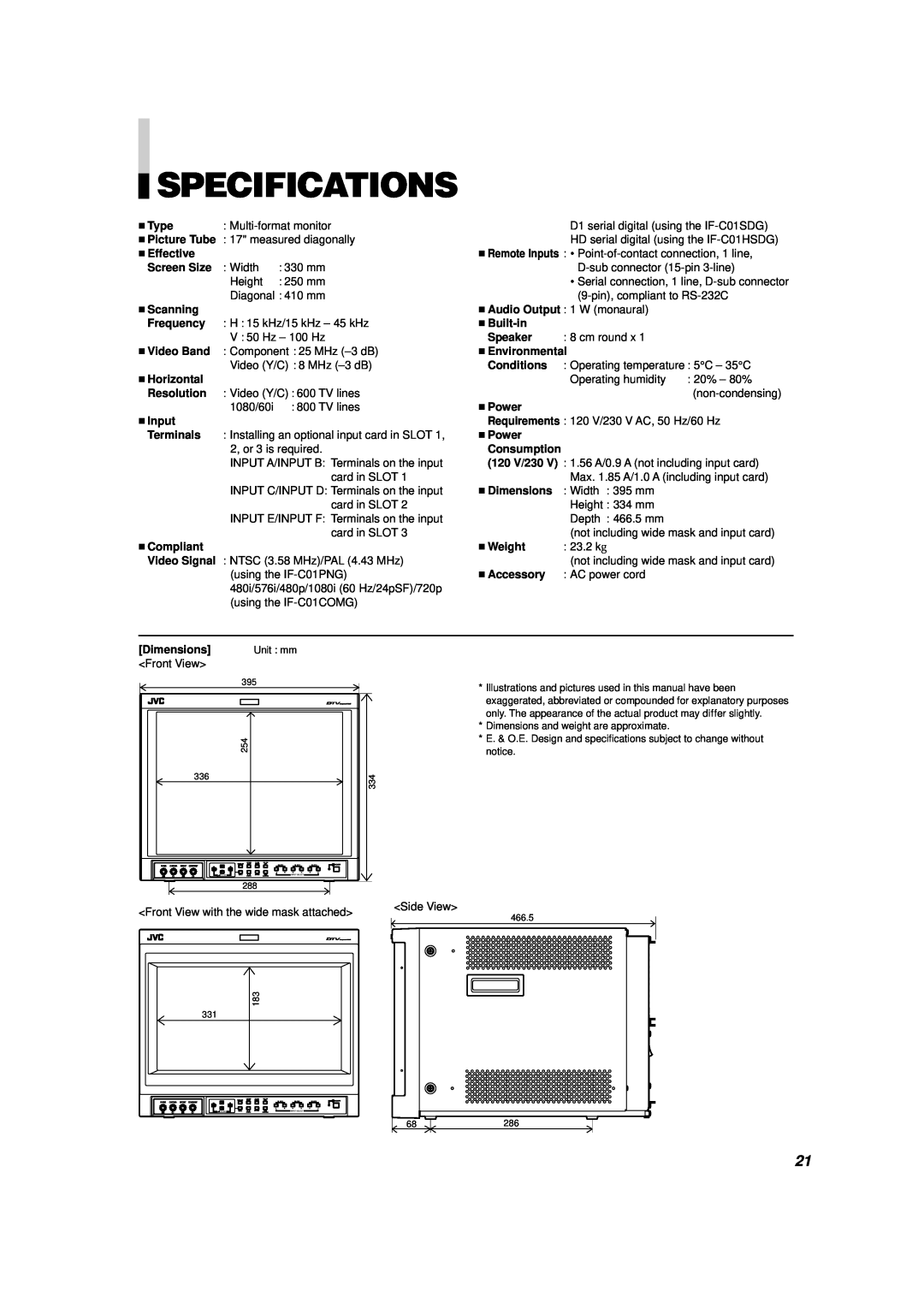 JVC V1700CG manual Specifications 