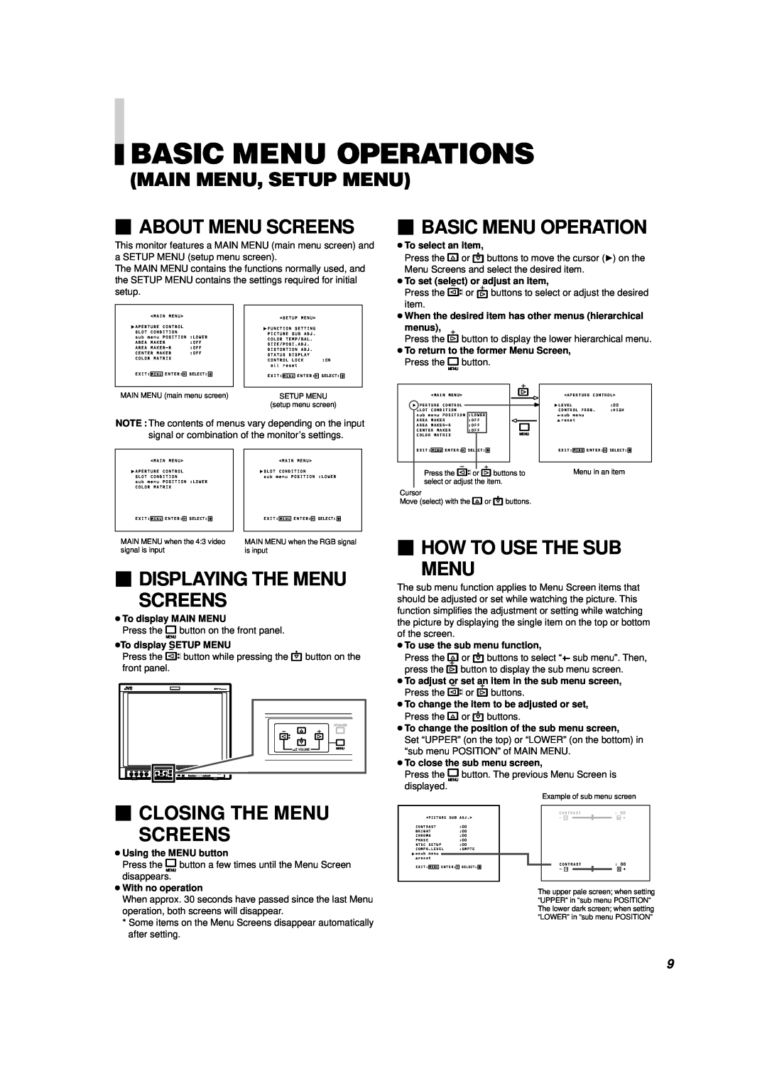 JVC V1700CG manual Basic Menu Operations, Main Menu, Setup Menu,  About Menu Screens,  Basic Menu Operation 