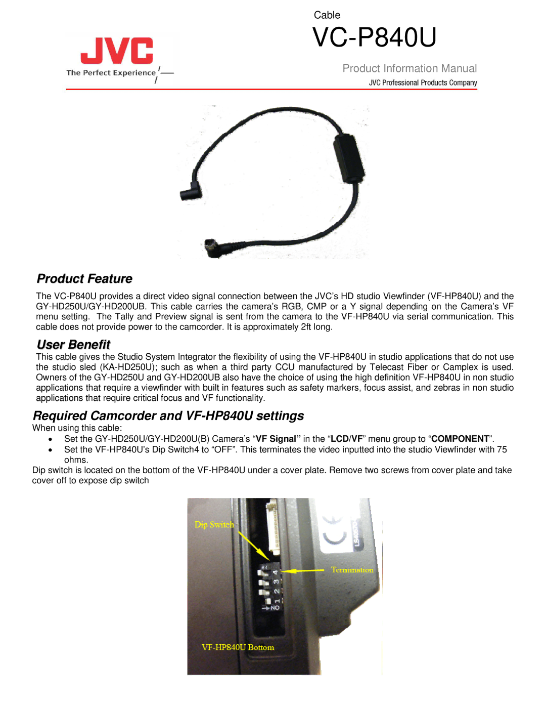 JVC VC-P840U manual Product Information Manual, Product Feature, User Benefit, Required Camcorder and VF-HP840U settings 