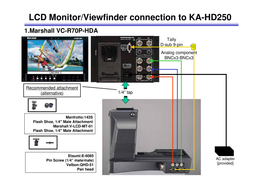 JVC manual LCD Monitor/Viewfinder connection to KA-HD250, Marshall VC-R70P-HDA 