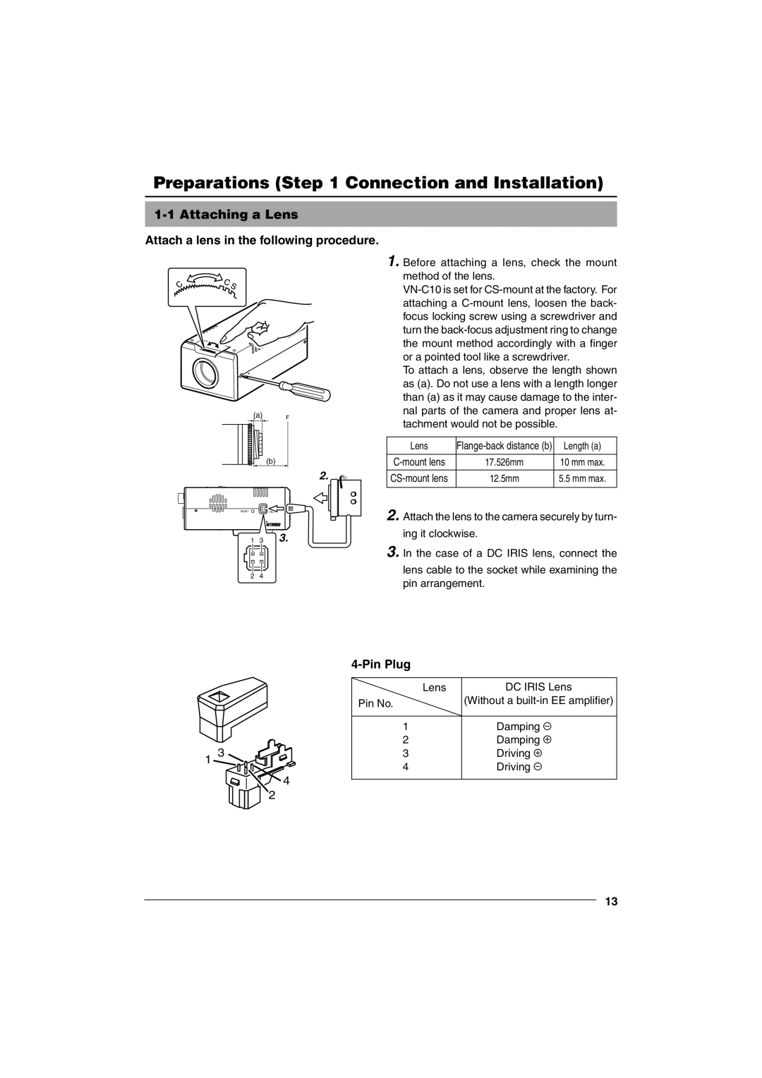 JVC VN-C10 manual Preparations Connection and Installation, Attaching a Lens, Pin Plug 