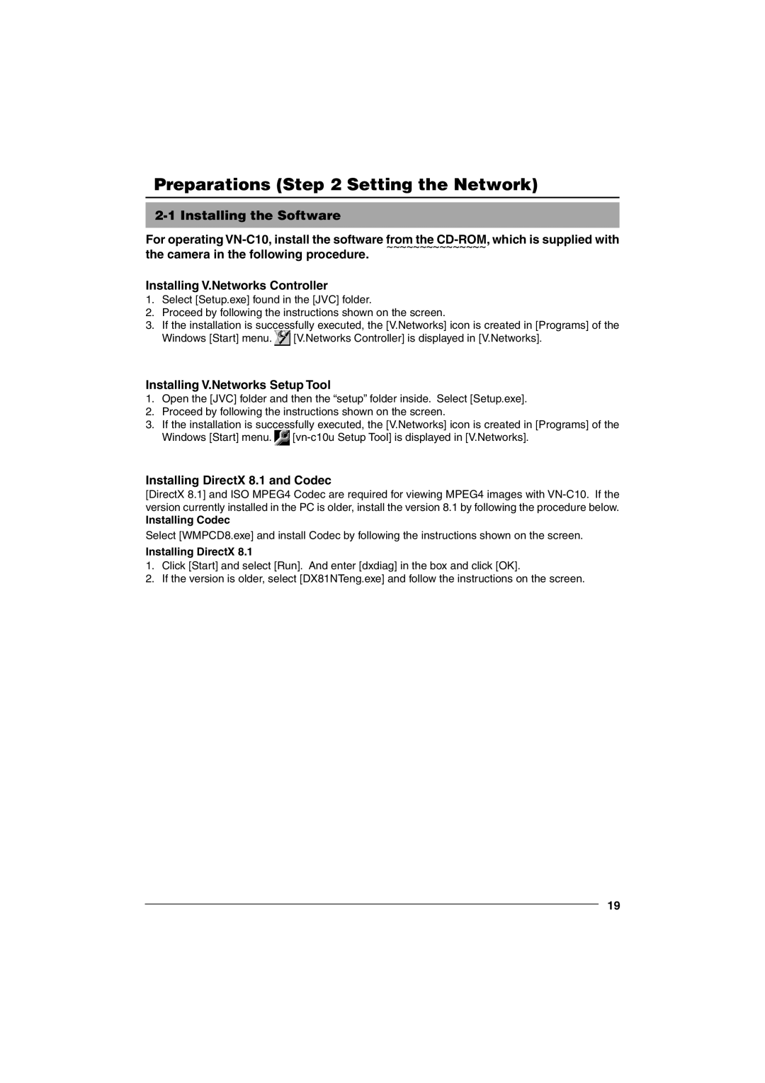 JVC VN-C10 manual Preparations Setting the Network, Installing V.Networks Setup Tool, Installing DirectX 8.1 and Codec 