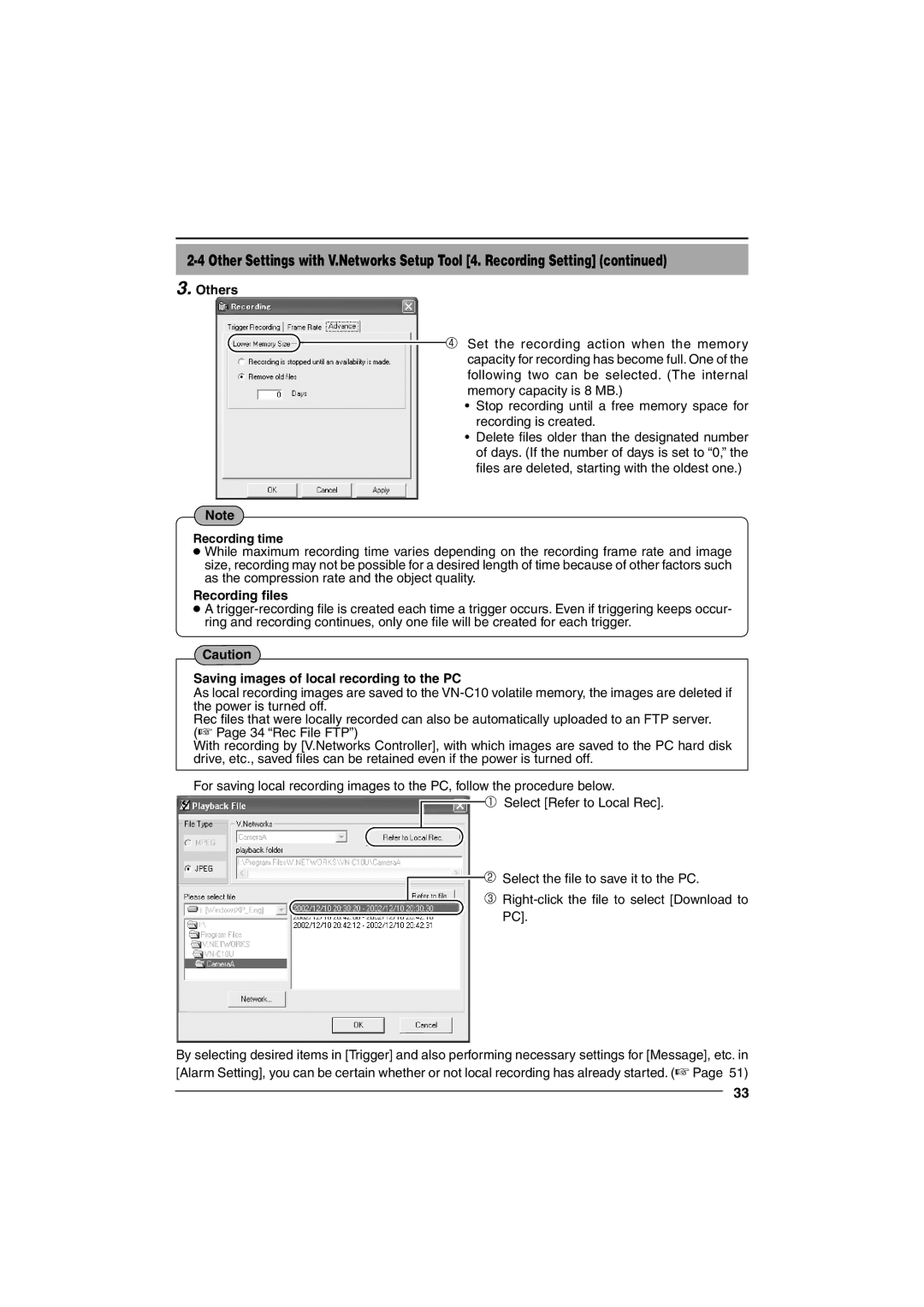 JVC VN-C10 manual Others, Recording time, Recording files, Saving images of local recording to the PC 