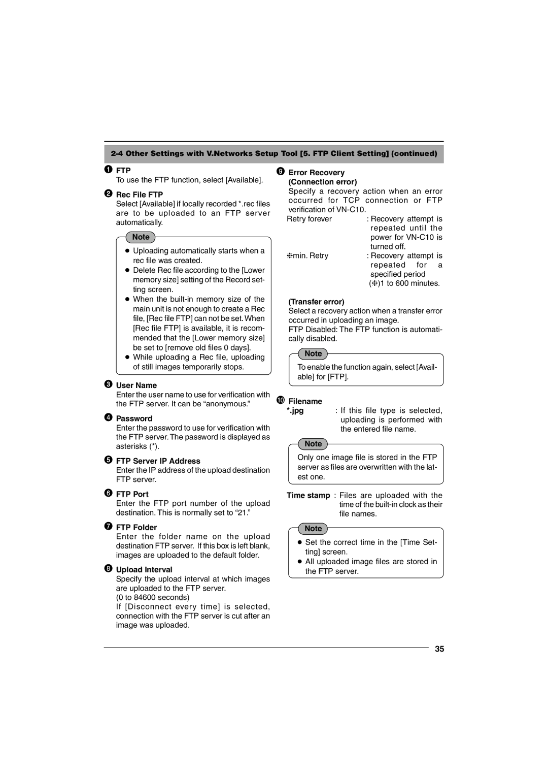 JVC VN-C10 Rec File FTP, User Name, Password, FTP Server IP Address, FTP Port, FTP Folder, Upload Interval, Transfer error 