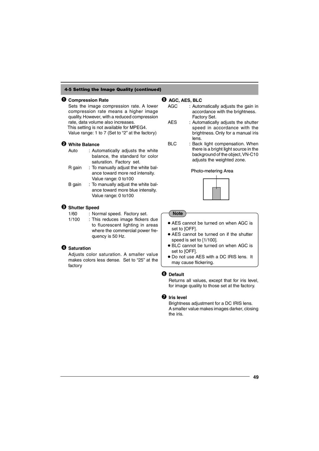 JVC VN-C10 manual Setting the Image Quality Compression Rate, White Balance, Shutter Speed, Saturation, Photo-metering Area 