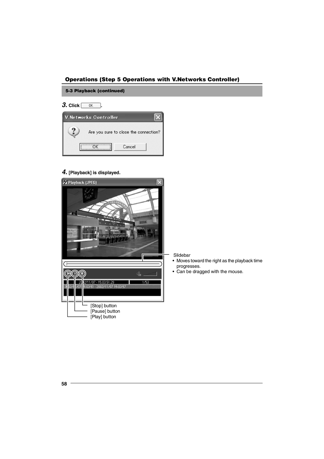 JVC VN-C10 manual Operations Operations with V.Networks Controller, Playback Click Playback is displayed 