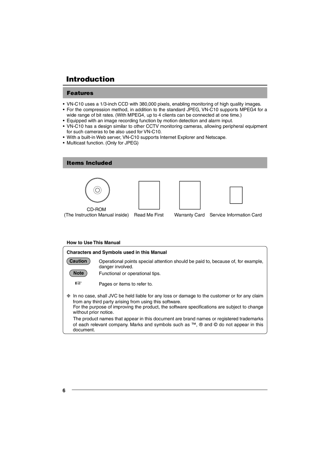 JVC VN-C10 manual Introduction, Features, Items Included 